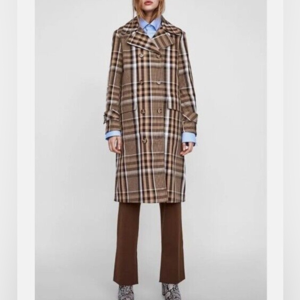 Zara Double Breasted Plaid Check Coat Size M